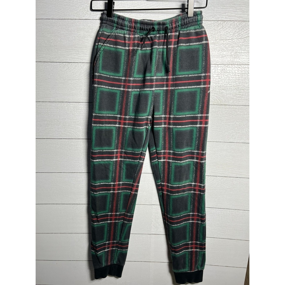 Air Jordan Youth XL Plaid Fleece Joggers Pants Black Green Red D460-023 24x27